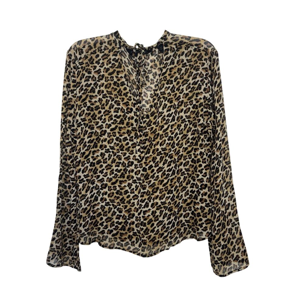 Vintage 90s Express 100% Silk Leopard Print Blouse Sheer Tie Neck M/L